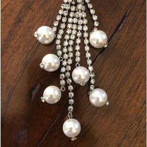 Rhinestone & Faux Pearl Drop Necklace • Silvertone • 32 inch